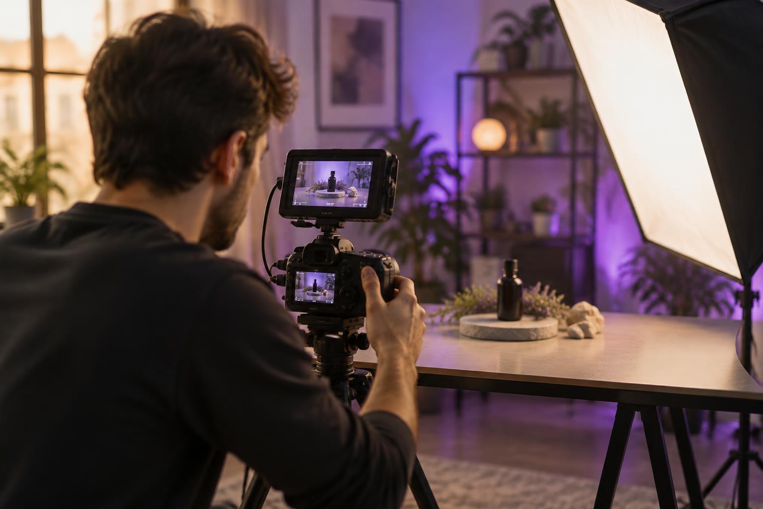 Filmmaker shooting promotional product content with a softbox light