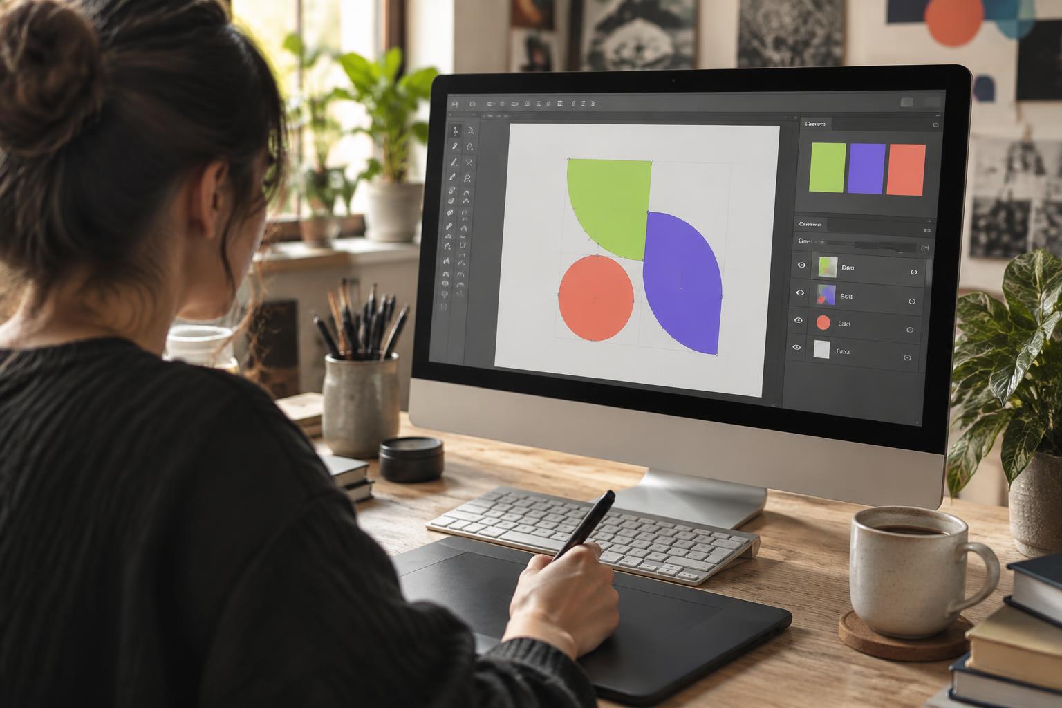 Designer shaping a logo on a large monitor in a design application