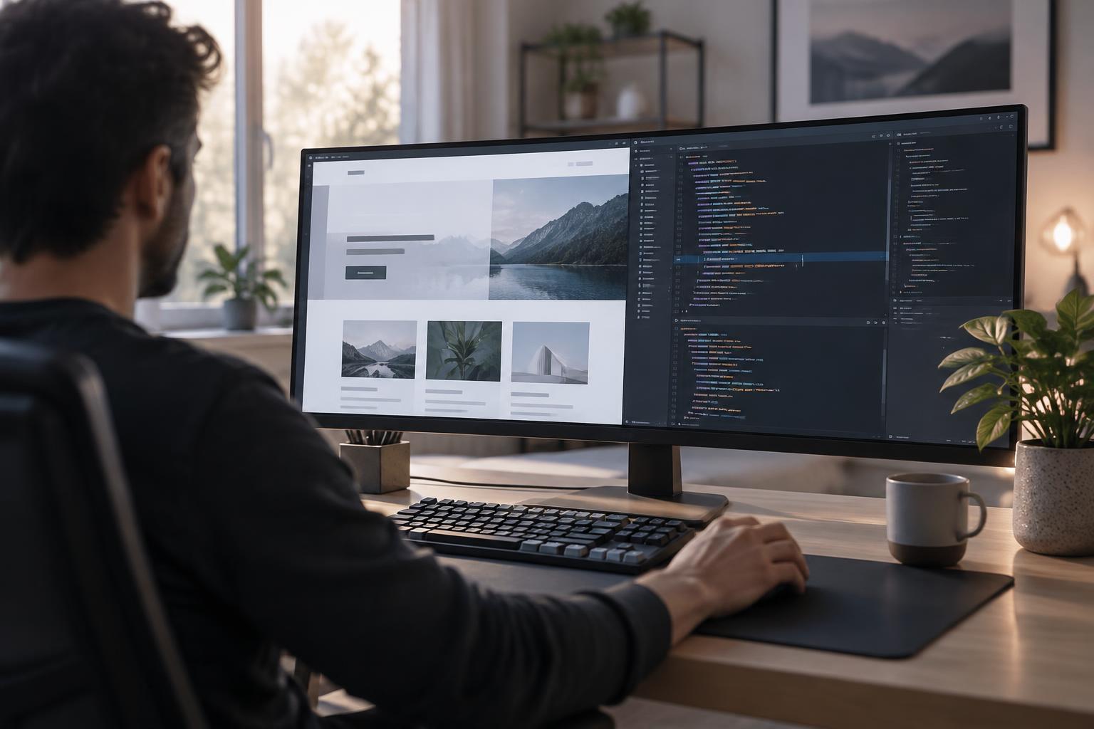 A website being assembled and coded on an ultrawide monitor